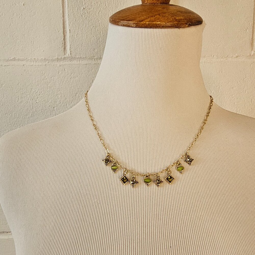 Lia Sophia Girly Regency Goth Fairy Gold and Green Gemstone Pendant Necklace